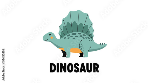 Cute cartoon dinosaur illustration of a spinosaurus with a large sail and friendly expression for children education.