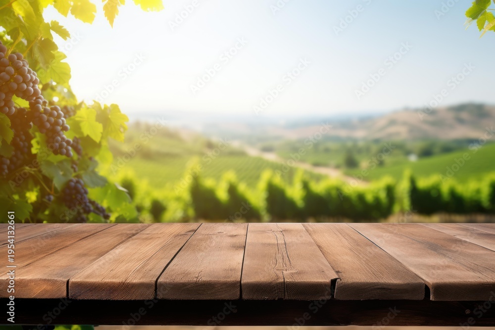 Naklejka premium Wooden table foregrounding a blurred sunny vineyard with grapes on the vine, offering copy space