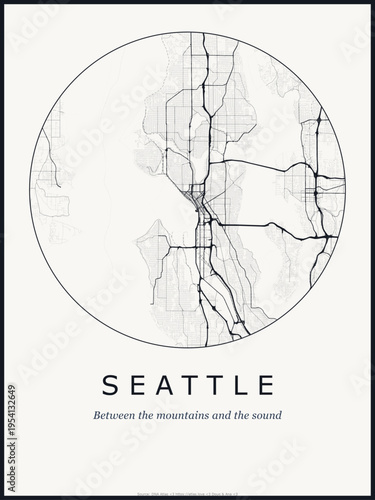 Seattle city map poster design. Street map art of Seattle United States. Black and white minimalist road network with downtown district for wall art home decor printable urban cartography. monochrome