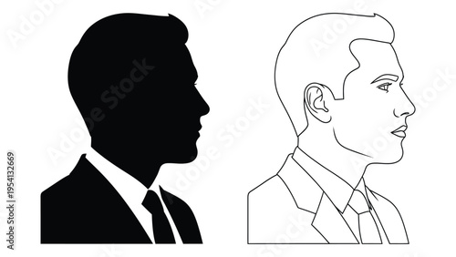 Contrasting portraits of a businessman in silhouette and line art