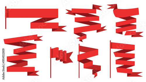 Large collection of red ribbon banner icons and flags with different shapes and folds for celebratory designs.