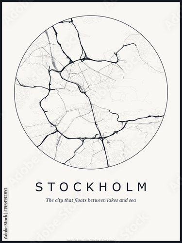 Stockholm city map poster design. Street map art of Stockholm Sweden. Black and white minimalist road network with downtown district for wall art home decor printable urban cartography. monochrome