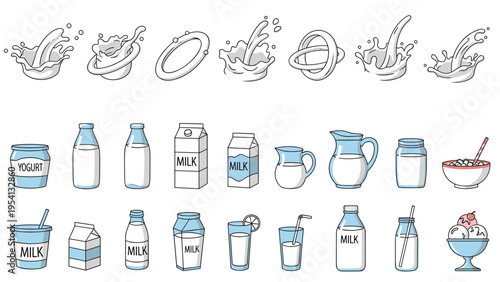 Detailed set of dairy product illustrations and milk splashes including bottles jars glasses and yogurt containers.
