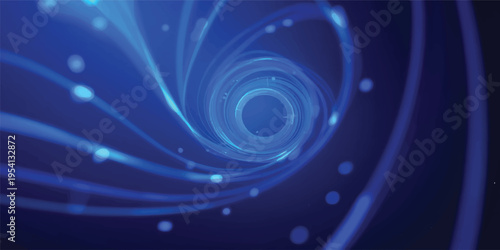 An energetic blue abstract background featuring a digital swirl of circular patterns and light fractals that create a glowing motion vortex with a water wave texture and technology design
