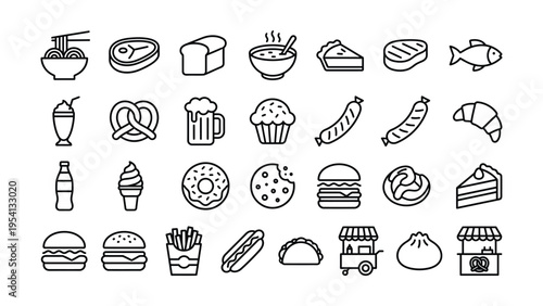 Hand-drawn icons of various foods, drinks, and fast food items - vector graphics collection, ice cream