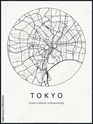 Tokyo city map poster design. Street map art of Tokyo Japan. Black and white minimalist road network with downtown district for wall art home decor printable urban cartography. monochrome circle