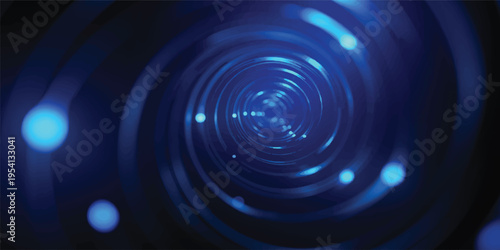 A blue abstract lens flare background featuring a glowing spiral vortex and celestial star motion creates a fractal light pattern with a swirling space energy texture