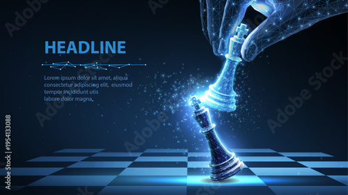 Glowing chess king falling on board from digital hand. Business strategy, leadership challenge, competition, decision making, disruption, future technology concept. Vector illustration.