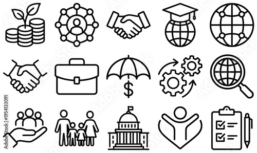 Icons for business, finance, government, and social concepts - vector graphic set, magnifying glass