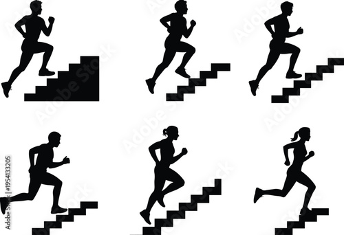 Athletes running upstairs silhouettes set, fitness cardio stair workout flat vector illustration isolated sport training collection