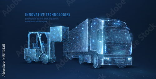 Holographic forklift and cargo truck on blue background. Logistics, warehouse delivery, freight transport, shipping industry, supply chain, smart technology concept. Vector illustration.