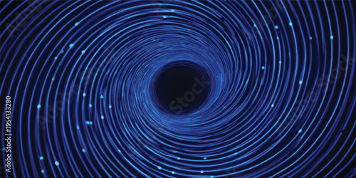 A digital art illustration features an abstract blue fractal background where a swirling vortex of light creates a motion wave pattern within a deep spiral tunnel design backdrop