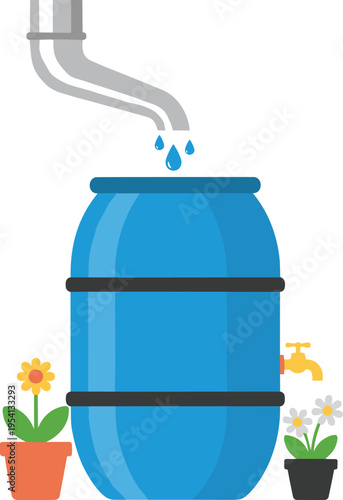 фотографія Rain barrel collecting water with steaming spout and flowers nearby simple flat design illustration for water conservation