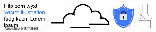 Data security, cloud services, digital protection, file sharing, information safety, secure storage. Cloud graphic, shield with lock and download icon. Data security and cloud services