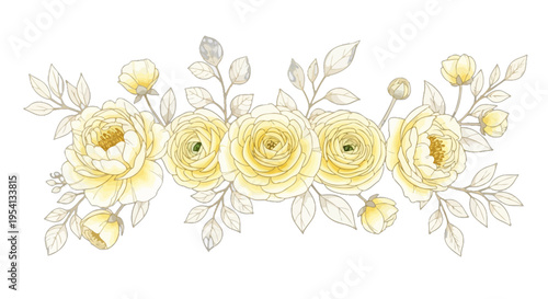 Delicate Yellow Rose Floral Arrangement Border with Green Leaves Keywords: floral arrangement, yellow roses, rose border