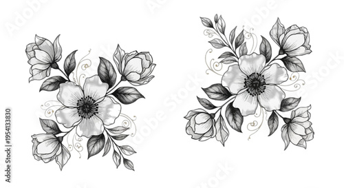 Black and White Floral Arrangement with Roses and Leaves in Sketch Style Keywords: floral arrangement, black and white flowers