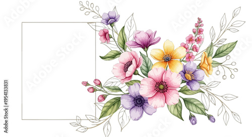 Colorful Floral Arrangement with Pink, Purple, Yellow and Orange Flowers Keywords: floral arrangement, colorful flowers, pink