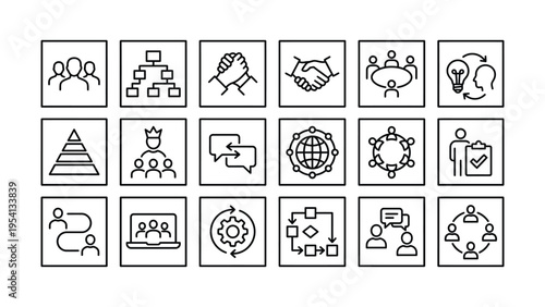 Hand-drawn business communication and teamwork vector icon set, outlining organizational structure, leadership, and collaboration concepts for corporate and startup presentations and web design