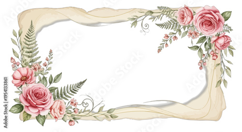 Vintage Pink Rose Floral Frame with Ferns and Creamy Ribbon Accents Keywords: frame, floral, border, pink roses, flowers