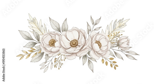 Elegant White Peony Floral Arrangement with Golden Accents and Leaves Keywords: peony, flower, floral, arrangement, bouquet