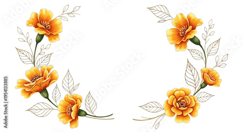 Vibrant Orange Marigold Flower Border with Green Leaves Keywords: orange flowers, marigold, floral, border, frame, green