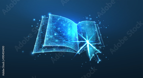 Glowing open book with sparkling light and digital particles. Education, knowledge, learning, ebook concept, futuristic library, data technology, innovation background. Vector illustration.