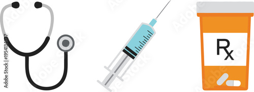 Stethoscope, syringe, and medicine bottle with Rx symbol and pills representing healthcare and treatment.