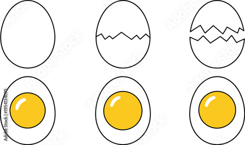 Egg Cooking Stages Icon Set, egg, whole egg, cracked egg, broken egg, fried egg, yolk