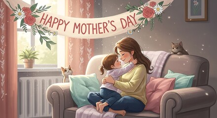 A mother and daughter sitting on a couch, hugging and celebrating Mother's Day with a banner and flowers in the background.