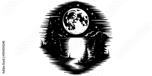 Blue Moon Rising vintage black and white illustration. Moon with clouds and stars in high contrast woodcut style. Retro celestial graphic design for apparel and posters with serif typography.