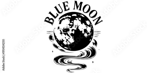 Blue Moon Rising vintage black and white illustration. Moon with clouds and stars in high contrast woodcut style. Retro celestial graphic design for apparel and posters with serif typography.