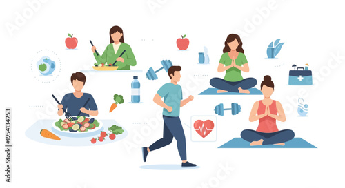 Healthy Lifestyle Concept: Balance of Exercise, Nutrition, and Mindfulness for Well-being and Fitness