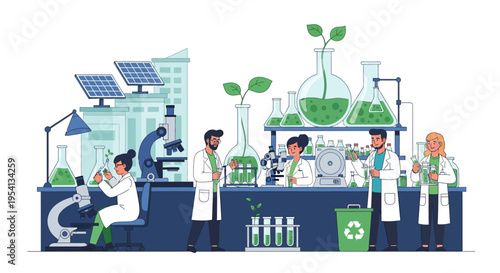 Green Biotechnology Lab Research Team: Scientists Developing Sustainable Innovations with Plants, Solar Energy, and Eco-Friendly Science. Vector Illustration.