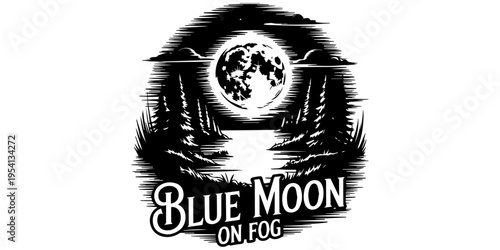 Blue Moon Rising vintage black and white illustration. Moon with clouds and stars in high contrast woodcut style. Retro celestial graphic design for apparel and posters with serif typography.