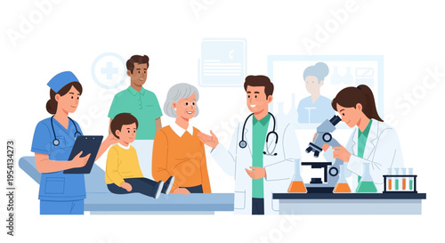 Comprehensive Healthcare Services: Diverse Patients, Doctors, Nurses & Medical Researchers Team Delivering Quality Care & Innovative Science