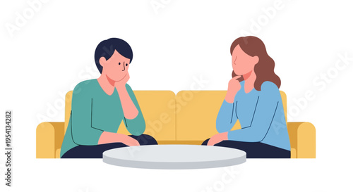 Thoughtful Couple Discussion or Therapy Session. Man and Woman Pondering on Sofa, Facing Relationship Issues or Life Decisions. Counseling Concept Illustration.
