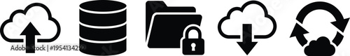 Digital icons representing cloud upload, database, secure folder, cloud download, and data syncing.