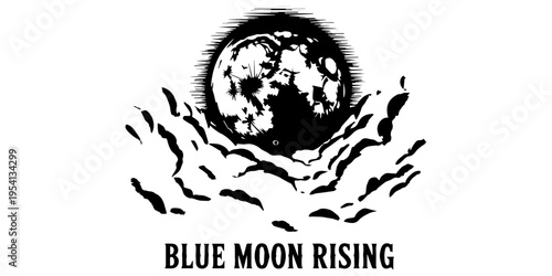 Blue Moon Rising vintage black and white illustration. Moon with clouds and stars in high contrast woodcut style. Retro celestial graphic design for apparel and posters with serif typography.
