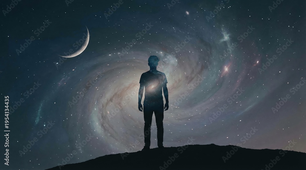 Obraz premium Man standing on hill gazing at galaxy and crescent moon in night double exposure