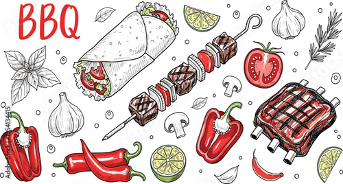 Delicious BBQ Food Set Featuring Grilled Beef Shish Kebab Ribs Meat Wrap and Fresh Vegetables Including Pepper Chili Garlic Mushroom Lime and Basil Hand Drawn Vector Illustration.