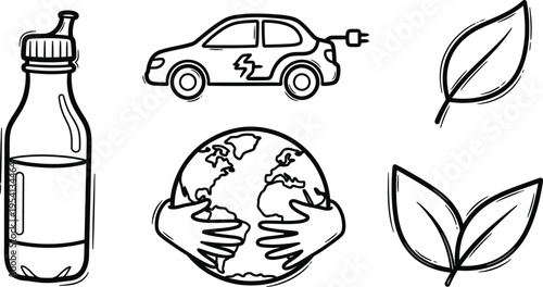 Eco-friendly lifestyle symbols: electric car, reusable bottle, and planet care.