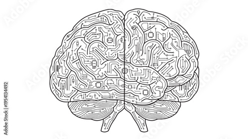 A stylized illustration depicts a human brain overlaid with complex electronic circuit board patterns viewed from above on a white background.