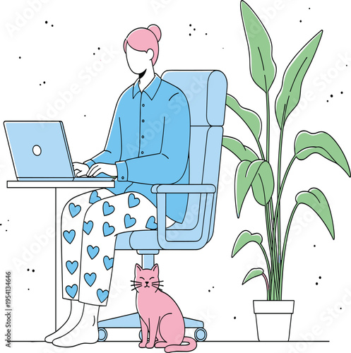 Young Woman Working from Home on Laptop in Comfortable Pajamas with Pink Cat and Large Indoor Houseplant Minimalist Line Art Illustration for Remote Work and Freelance Lifestyle.