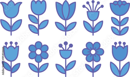 A lovely collection of simple blue and purple stylized flower icons arranged on a clean white background