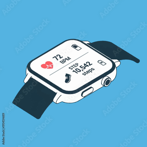 Isometric smartwatch displaying heart rate and step count on a blue background.
