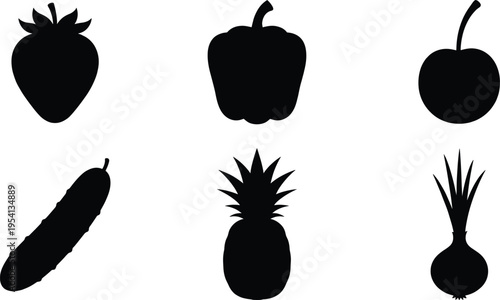Black fruit and vegetable silhouettes featuring strawberry, bell pepper, cherry, cucumber, pineapple, and onion icons for healthy eating and grocery shop branding.