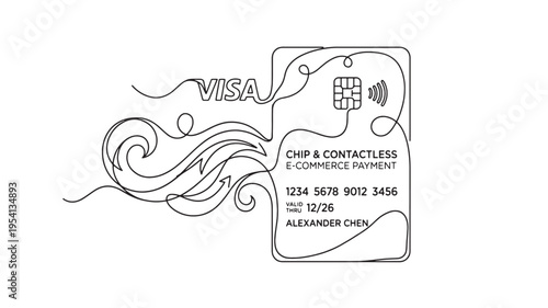 A stylized, single-line drawing illustrates a contactless payment card concept with flowing abstract lines representing data transfer.