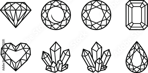 Collection of diamond and crystal line icons featuring various gemstone cuts like heart, pear, emerald, and round shapes for jewelry design branding.