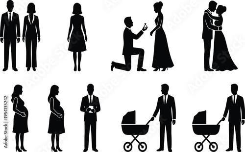 Collection of family life cycle silhouettes featuring wedding proposal, pregnancy, marriage, parenting with strollers, and professional couple icons for life event design.