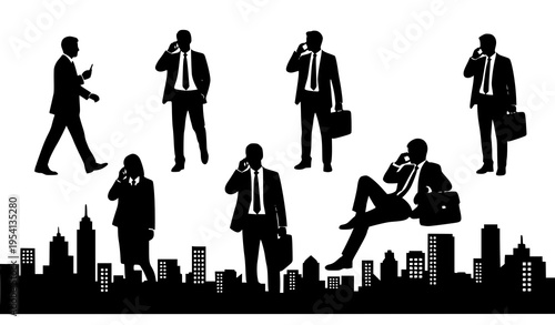 Dynamic business people silhouette set with mobile phone communication and city skyline background isolated on white